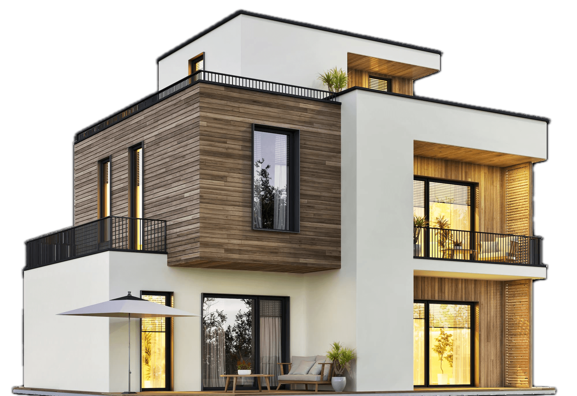 Maison moderne à étages avec bardage bois et grandes baies vitrées, terrasses et balcon aménagés